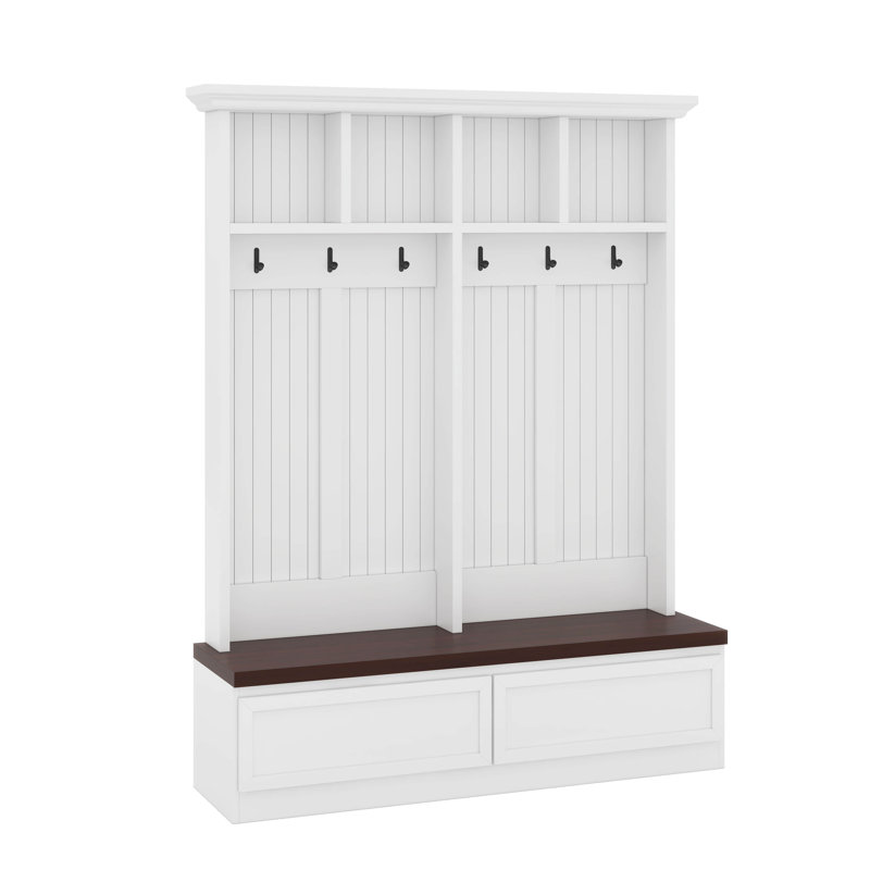 Portemanteau en bois avec banc et tiroirs de rangement Farmhouse, portemanteau 4-en-1, Blanc