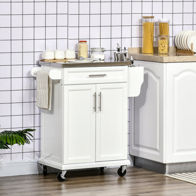 Îlot de cuisine sur roulettes, chariot de cuisine roulant avec comptoir en acier inoxydable, tiroir, porte-serviettes et porte-épices, chariot de rangement utilitaire, blanc