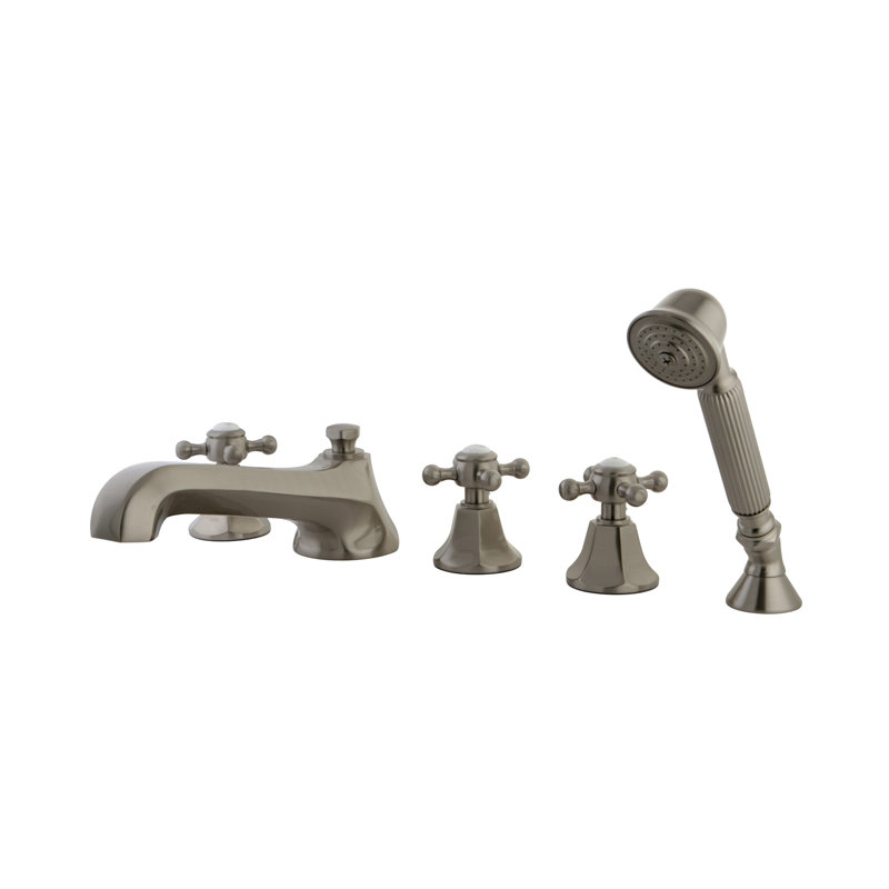 Metropolitan Triple Handle Deck Mounted Roman Tub Faucet Trim with Handshower, Brushed Nickel