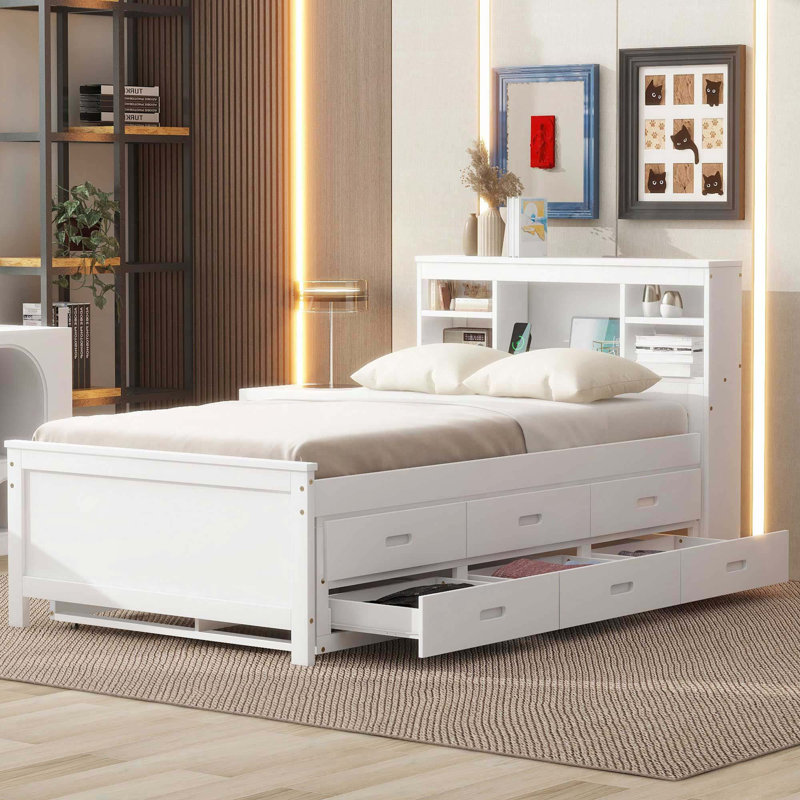 Lit plateforme avec tête de lit avec rangement, Simple, Blanc