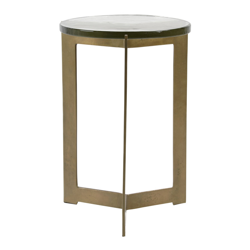 Aida Round Glass Top End Table with Aluminum Frame in Antique Brass