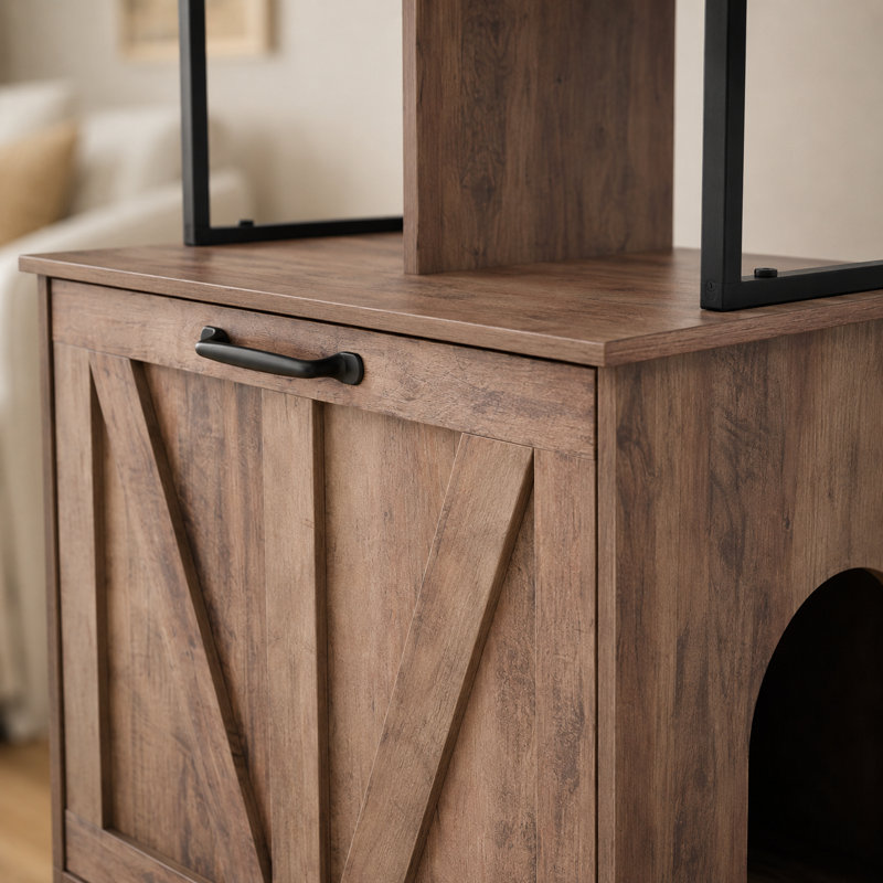 Enceinte de litière pour chat avec support de rangement en métal, contrôle caché des odeurs de ventilation, gris clair et noir, style moderne