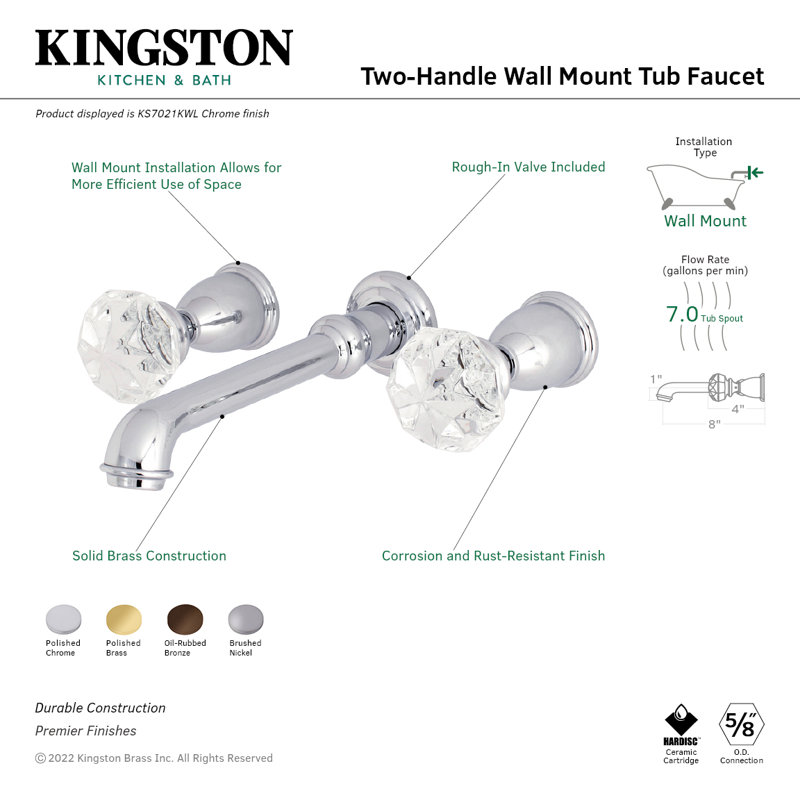 Kingston Brass Krystal Onyx Two-Handle 3-Hole Wall Mount Roman Tub Faucet, Brushed Nickel