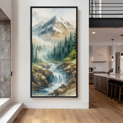 Large Framed Canvas Wall Art - Mountain Waterfall Landscape Tranquil Forest Stream Watercolor Prints - 60"x20", 60"x30"