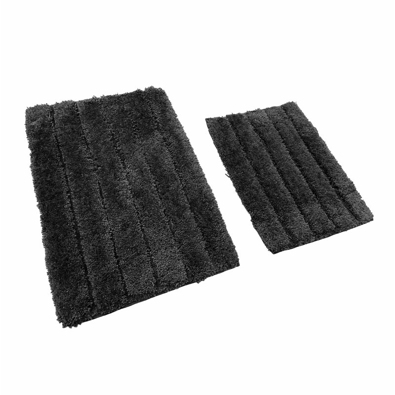 2 Piece Bath Mat Set - Ivory Solid Striped Bathroom Mat Soft Plush Thick, Noir