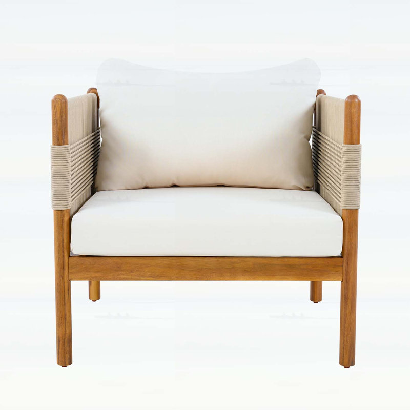 Fauteuil club d'extérieur en bois d'acacia durable avec tissage en corde de diamant et coussins confortables, finition teck