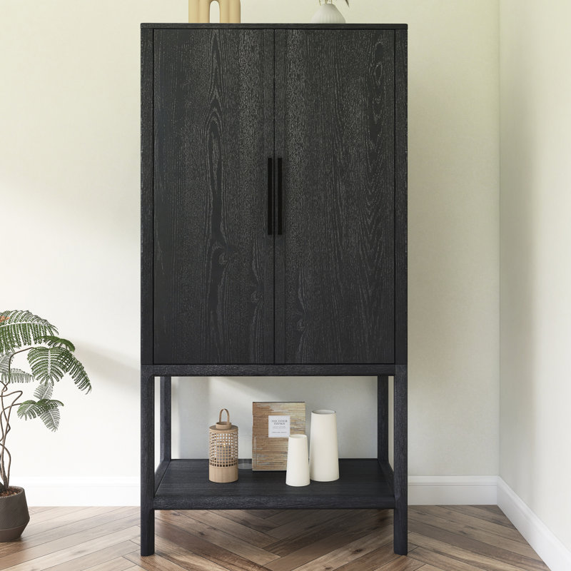 Sophisticated Oak Veneer Cabinet With Multiple Storage Functions, Black
