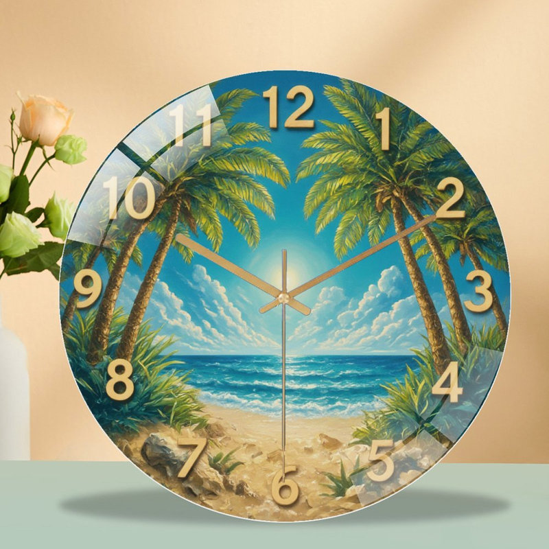 Horloge murale avec scène de plage tropicale - horloge murale moderne en verre 12 po