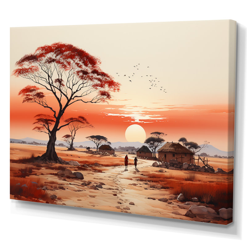 «Peach Red African Village Visions», reproduction sur toile, H 24 po x l 32 po x P 1 po, Toile tendue