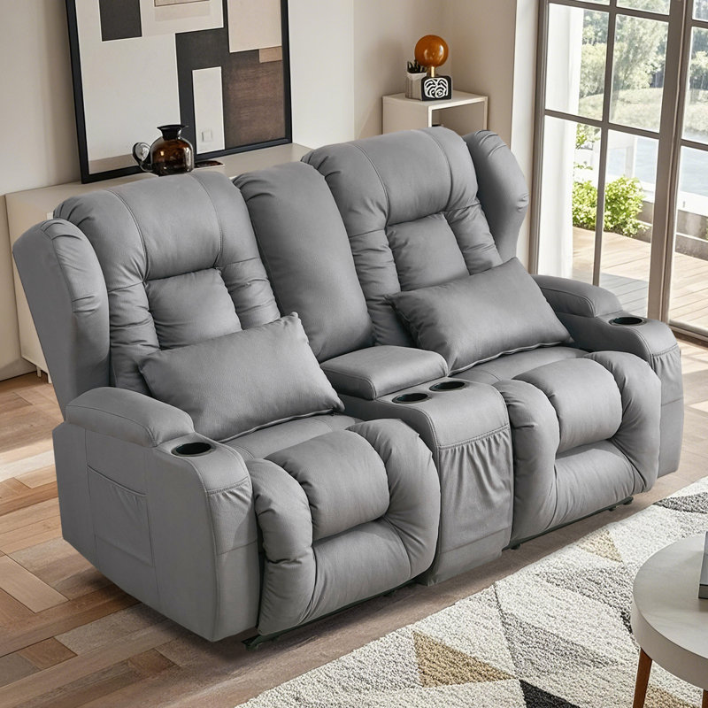 Causeuse manuelle inclinable avec console centrale, rangement et porte-gobelets, Similicuir gris pâle