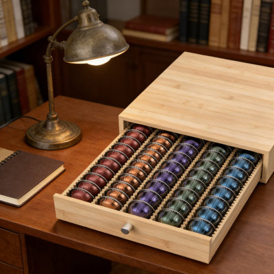 Tiroir de rangement à capsules Nespresso Vertuo - Le rangement en bambou de première qualité peut contenir 45 grandes ou 60 petites dosettes Vertuo, compatibles avec les machines Vertuo Suite, Plus et Evoluo