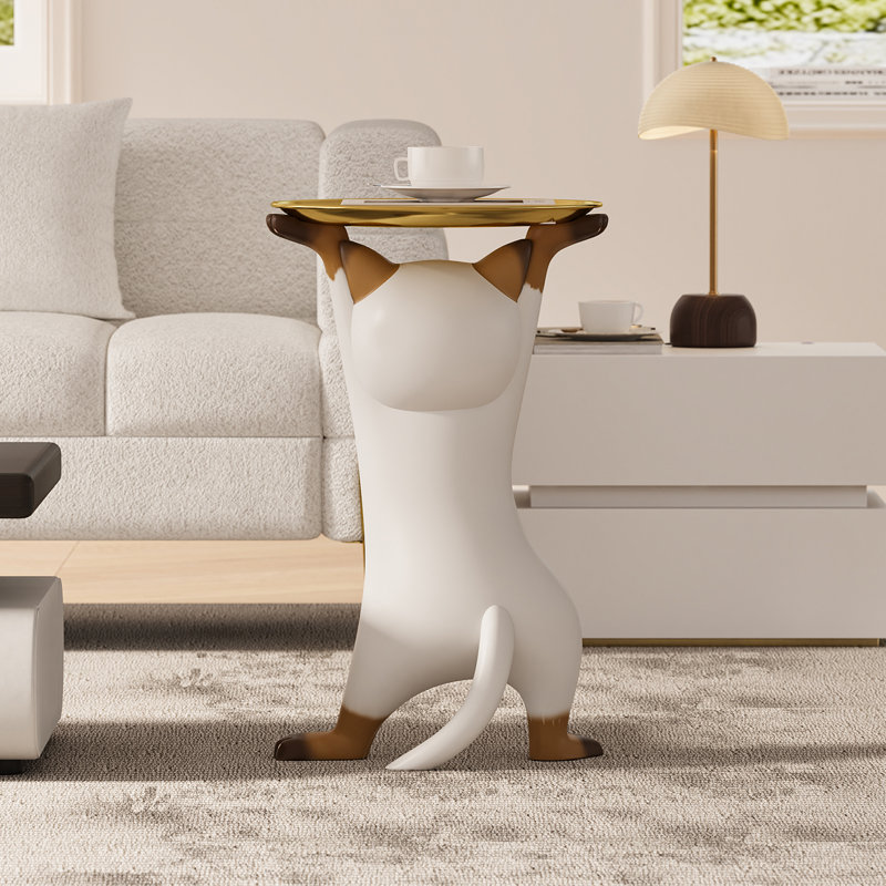Modern Cat Side Table Floor Resin Figurine with Gold Tray End Table
