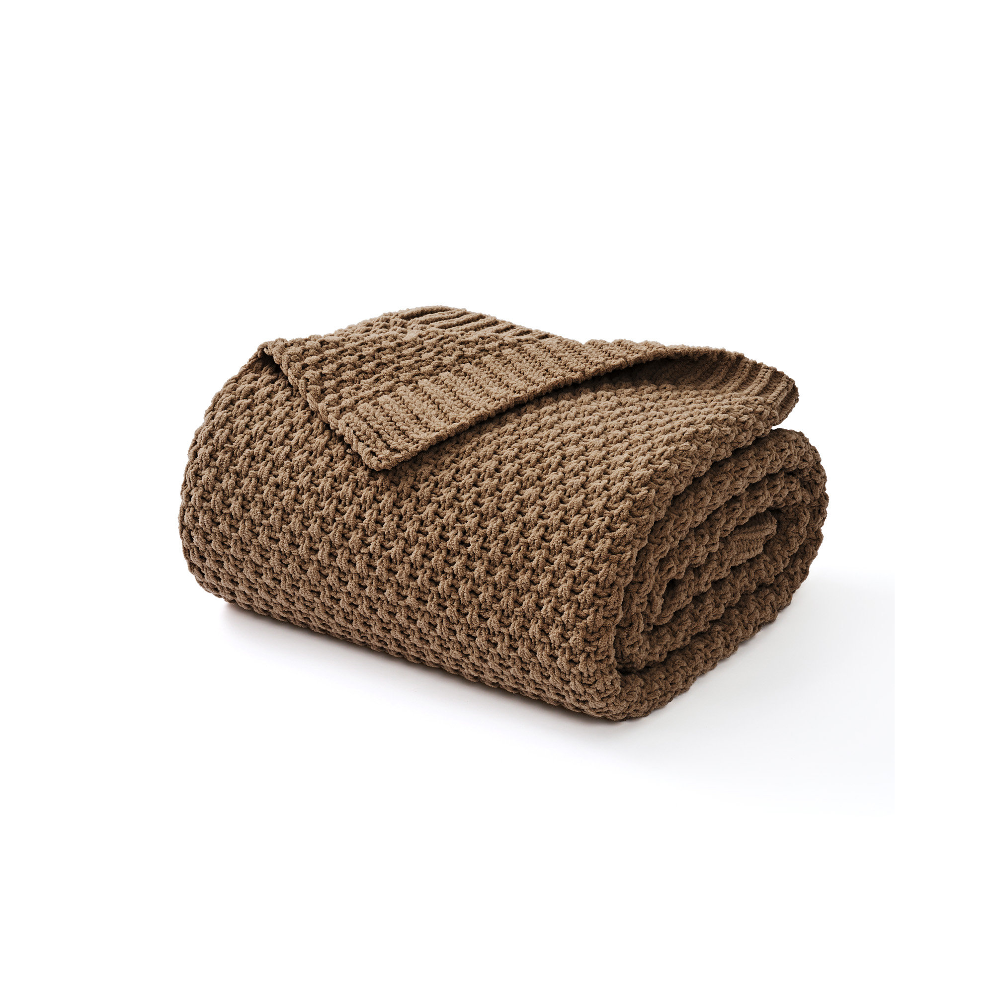 Chunky Chenille Knit Throw Blanket, Camel Brown, 90" L x 90" W