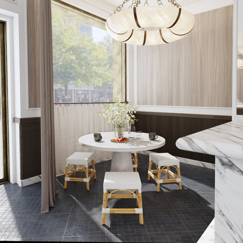 Lennart 18" Dining Stool, Glossy White/ Natural Rattan Frame