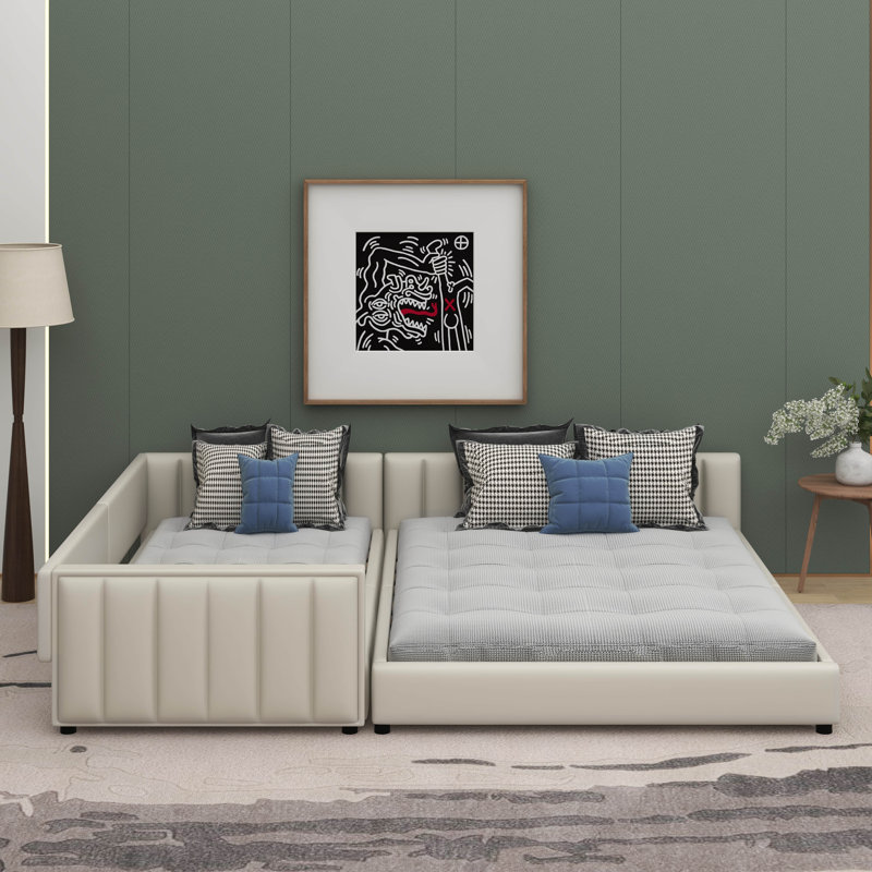 Lit tapissier grand et simple pour grand lit mère et enfant, Beige