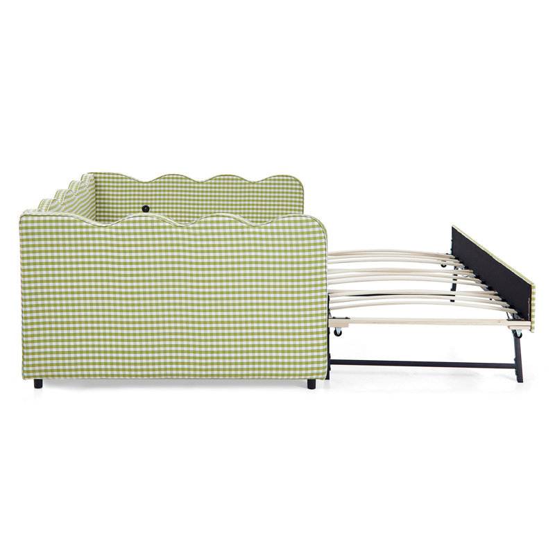 Lit de jour en vichy double avec couchette simple sans sommier, avec port USB et adorable tissu en forme de vague, Lit double