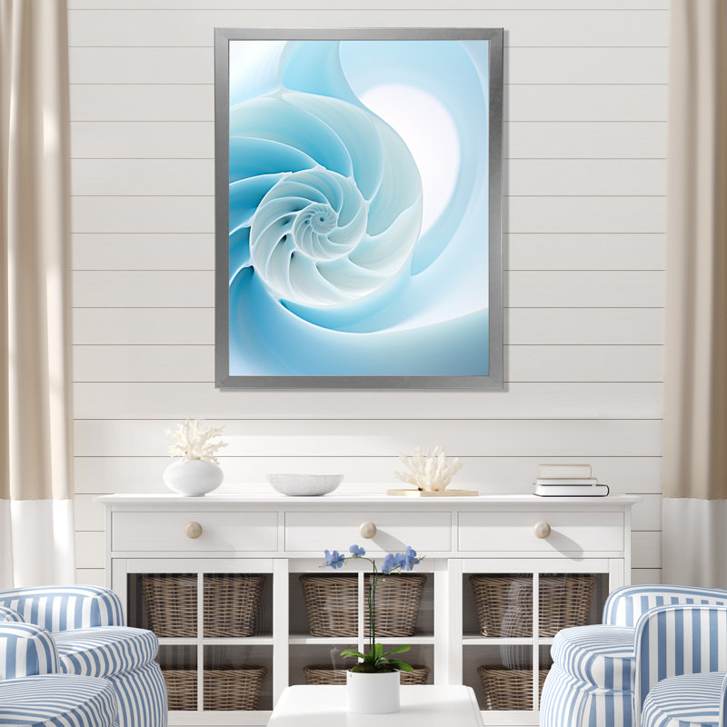 Abîme azur, Nautilus spirale sur toile, Cadre simple argenté, H 20 po x l 12 po x P 1 po