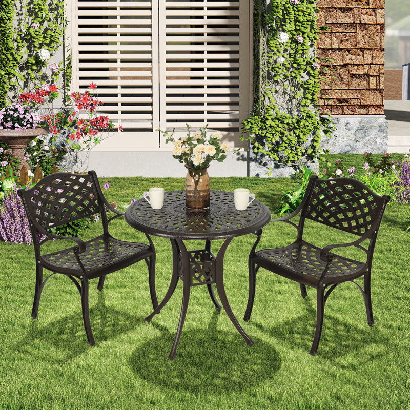 Baze 3 Piece Outdoor Patio Retro Round Cast Aluminum Dining Table and 2 Cast Aluminum Chairs Set