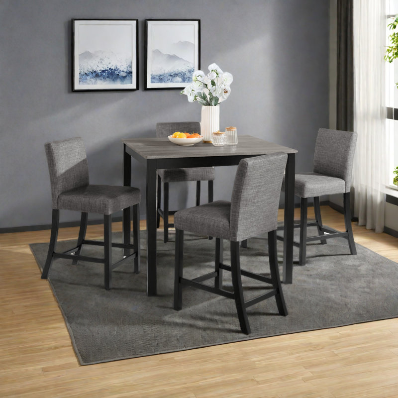 Ensemble de table 5 pièces à hauteur de comptoir avec 4 chaises, ensemble de table à hauteur de comptoir pour 4 avec chaises, ensemble de table à hauteur de comptoir en bois pour la cuisine, la salle à manger, gris clair et noir deux tons