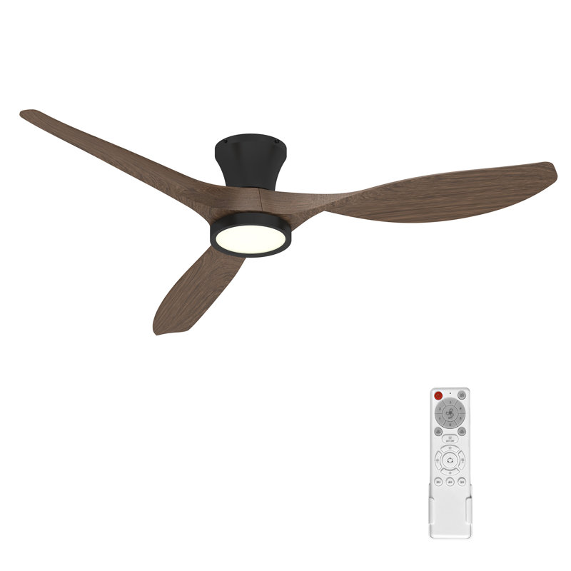 Jacara 52" Flush Mount Ceiling Fan with LED Light & Remote Black with Walnut, Black with Walnut Blades