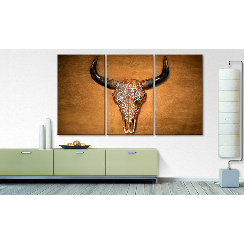 Bison Skull - Stretched On Wooden Frame Print on Canvas, 3 Piece Canvas Set, 100 cm H x 180 cm W