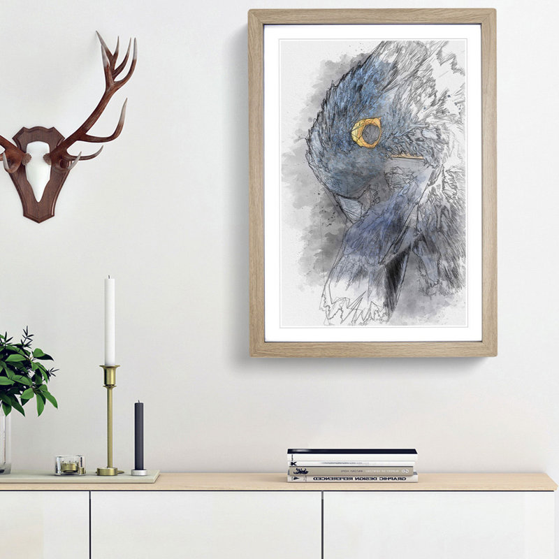 A Blue Parrot in Abstract - Picture Frame Graphic Art Print, 65cm H x 48cm W x 2cm D, Oak Framed