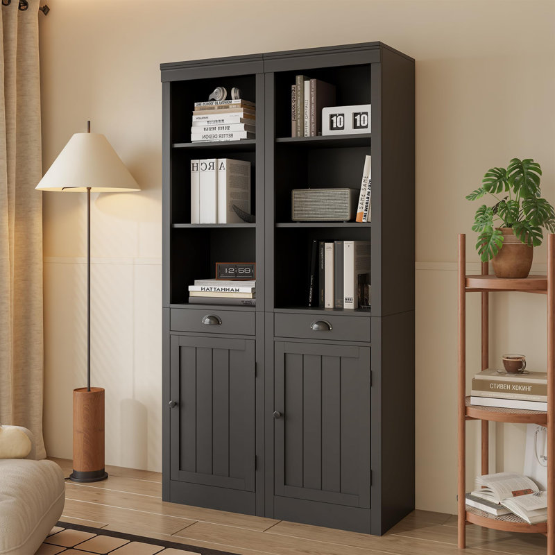 71" Tall Narrow Bookcase with Drawer & Door, 5-Tier Adjustable Shelf Storage Cabinet, Black