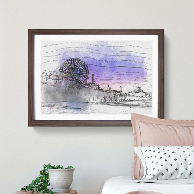 Santa Monica Pier Fairground in Abstract - Picture Frame Graphic Art Print, 35cm H x 50cm W x 2cm D, Walnut