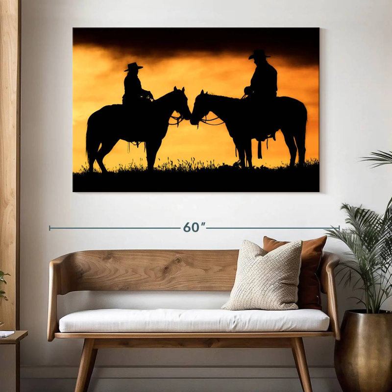 Lelar Cowboy et Cowgirl sur leurs chevaux au coucher du soleil, H 34 po x l 51 po