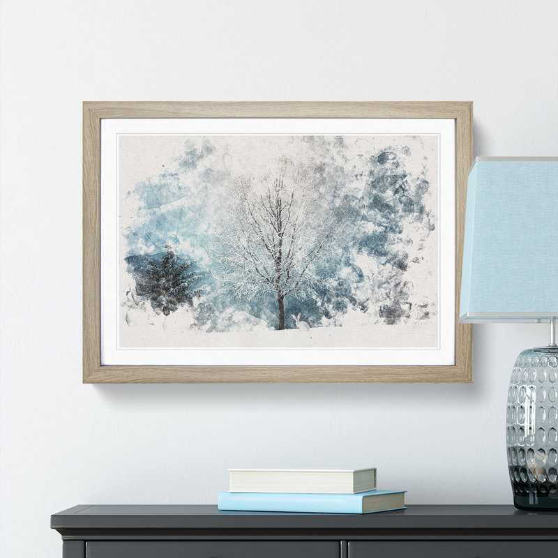 Hare in a Winter Forest - Picture Frame Painting Print, 45cm H x 63cm W x 2cm D, Oak Framed