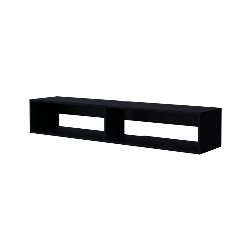 Central Floating Media Rack In Melamine With Two Shelves,Black, Black
