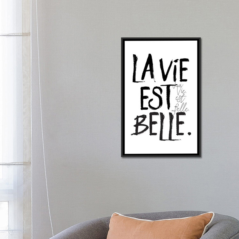 « la vie belle », art textuel sur toile, H 26 po x l 18 po x P 1,5 po, Toile avec cadre noir, Pas de tapis