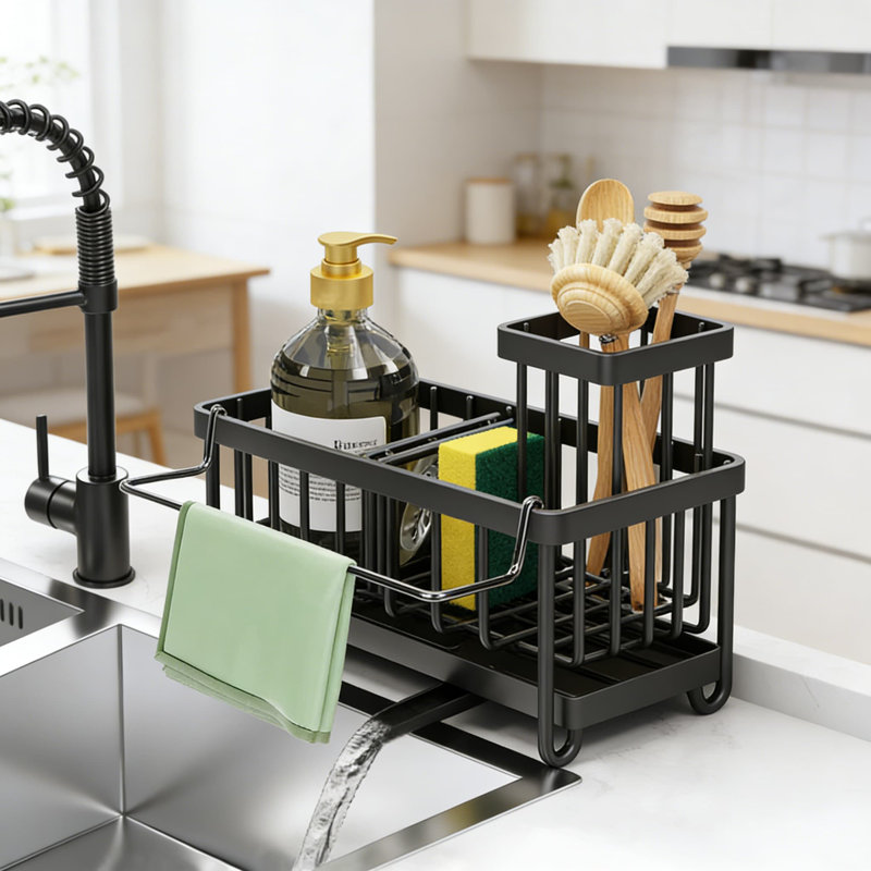Stainless Steel Kitchen Sink Caddy Organizer With Rotating Nozzle, Removable Drip Tray, And Multi-Compartment Storage For Sponge, Brush, And Soap Dispenser