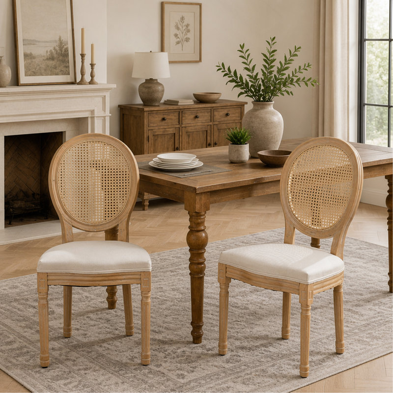 Meuble, ensemble de 2 chaises de salle à manger à dossier en rotin avec cadre en bois massif de style français, Beige