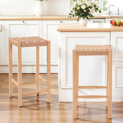 Ensemble de 2 tabourets de bar industriels de 26,4 po de hauteur - sièges en corde de papier kraft, pieds en bois d'hévéa et pieds réglables