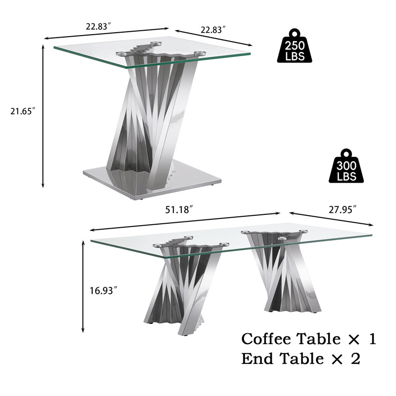 Ensemble de table de salon en verre 3 pièces, Silver