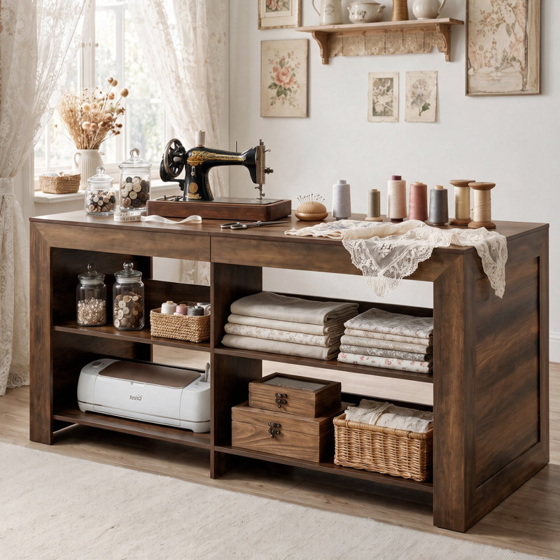 Table de couture de 150 cm avec rangement, table de bricolage de style campagnard