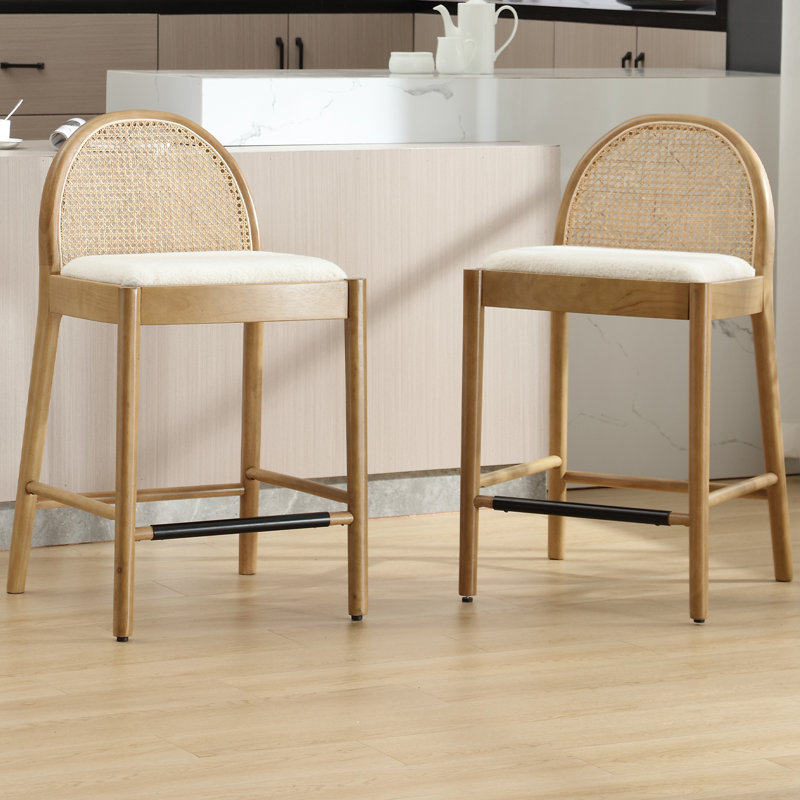 Modern Bar Stools Upholstered Counter Stools With Rattan Backrests And Wood Legs Kitchen Stools For Island, Brown/White