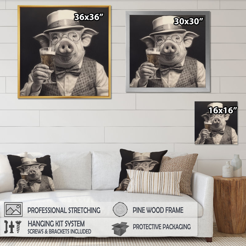 Cochon ayant un verre - Art mural, H 30 po x l 30 po x P 1 po, Cadre flottant noir