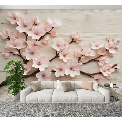 Peel and Stick Wallpaper Delicate Pink Cherry Blossom Branch Wooden Wall Murals 100"H x 144"W Removable PVC Wall Paper Self-Adhesive Wall Decor for Bedroom Living Room Home Office