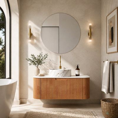 Meuble-lavabo de salle de bain mural à bords arrondis flottants avec tiroir et bassin en céramique avec motif de pierre, pré-assemblé