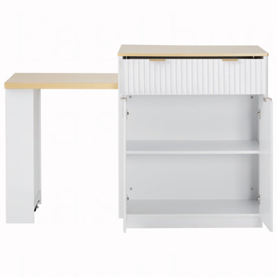 82.6" Fluted Kitchen Island with Extendable Dining Table for 4-6, Island Table for Kitchen with Power Outlet, Kitchen Table with Double-Side Storage, 2 Drawers 2 Side Open Shelves, White