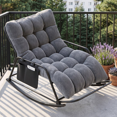 Fauteuil à bascule Papasan surdimensionné avec coussin épais en velours côtelé sur toute la longueur, repose-pieds et poche de rangement, fauteuil d'appoint extérieur pour chambre, salon ou balcon, gris