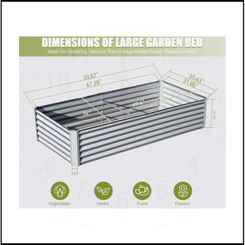 Galvanized Raised Garden Bed, 17.72" H x 70.87" W x 35.43" D, Silve