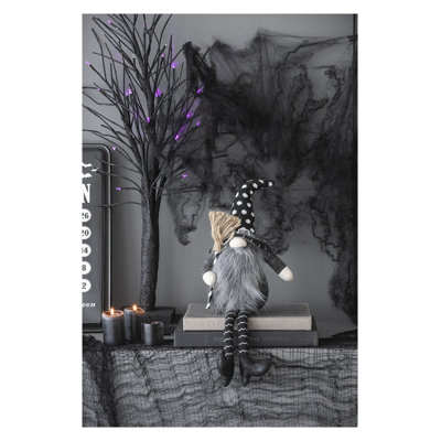 Set of 2 Halloween Fabric Gnome Figures with Broomsticks, 25" Black and White Polyester Sitting Decor