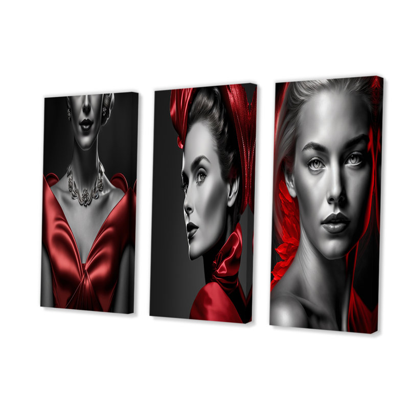 Élégante femme rétro avec une robe en satin rouge sur toile, 3 pièces, H 32 po x l 48 po x P 1 po