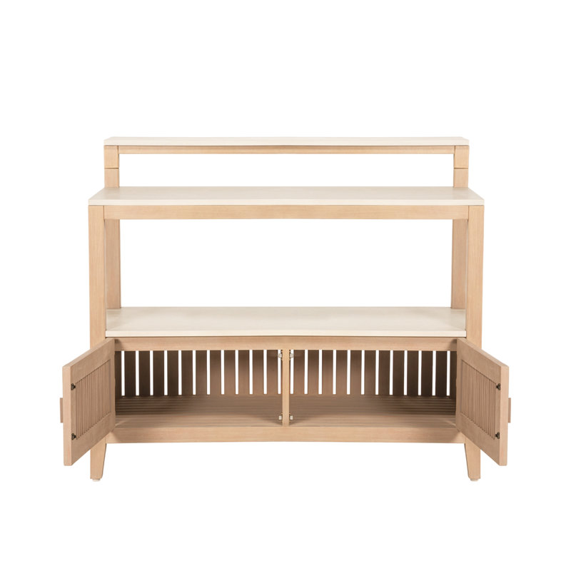 Îlot de bar extérieur à plusieurs niveaux Lailoken avec plateau en bois d'eucalyptus et Superstone