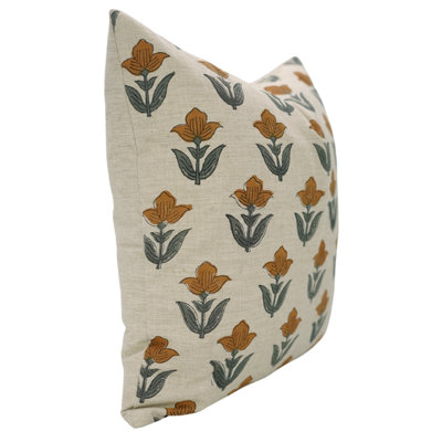 Fabdivine Handmade Linen Cushion Cover Tulip Print, Modern Boho Style, Artisan Accent- 14X36 Inch