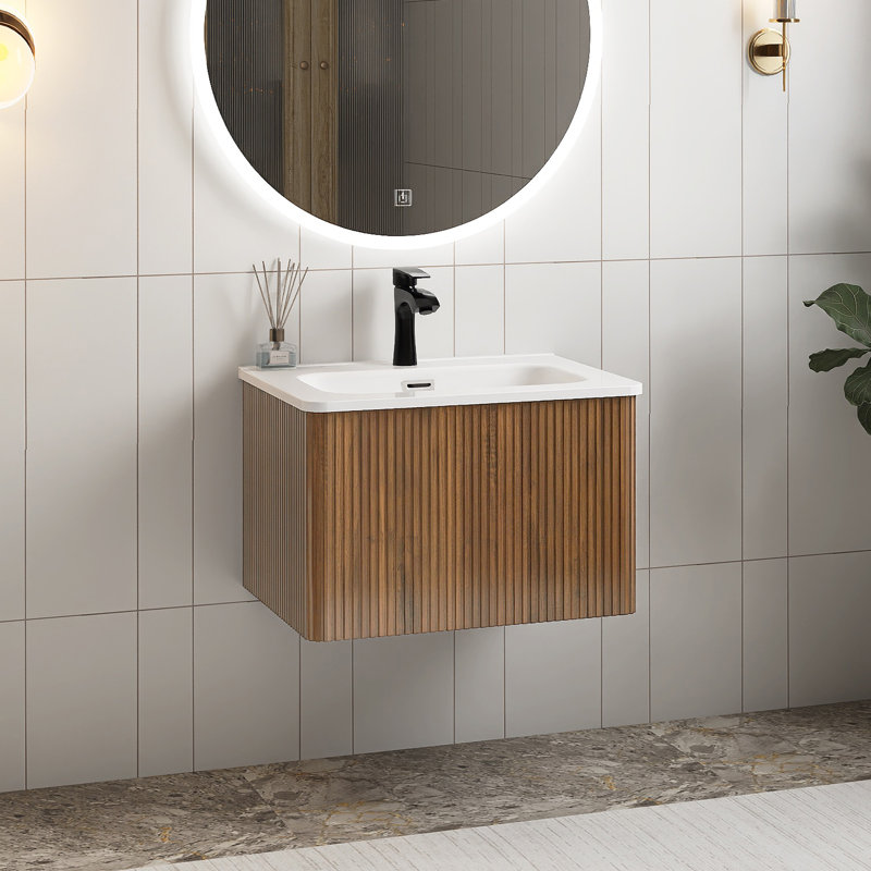 Meuble-lavabo mural 24 po avec lavabo en céramique blanche, Noyer
