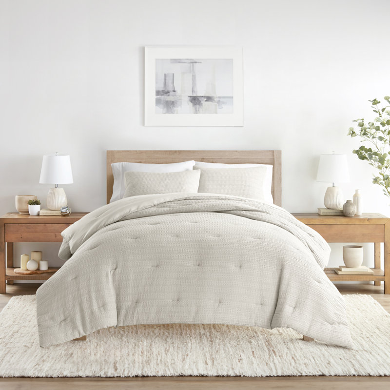 Waffle Textured 3-PC Comforter Set All Season Down-Alternative Ultra Soft Bedding, King / Cal-King, Dune